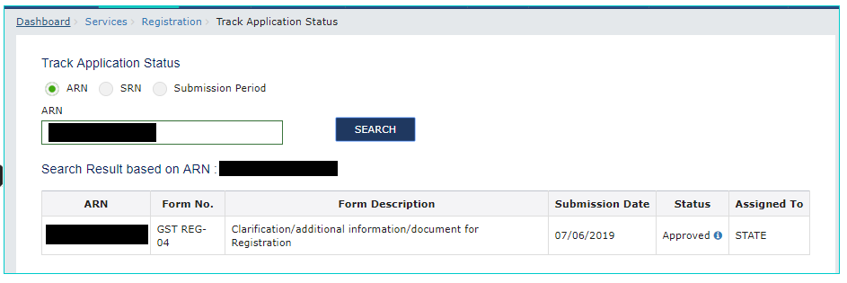 GST Portal Post Login Application Status using ARN