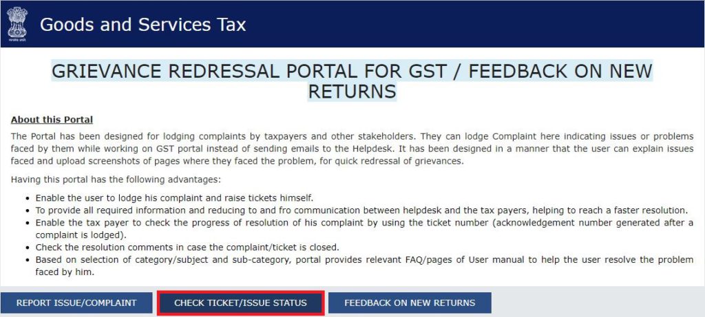 Grievance Redressal Portal - Check Ticket Status