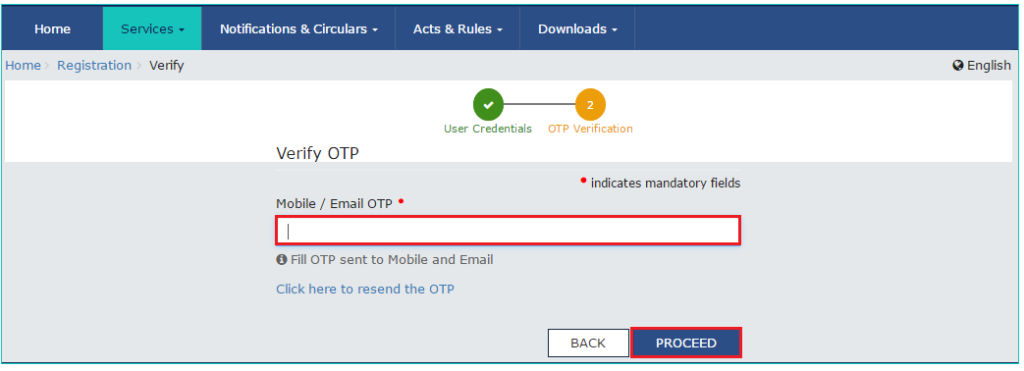 Track GST Application Status using TRN - Enter OTP