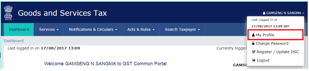 GST Portal - My Profile Option