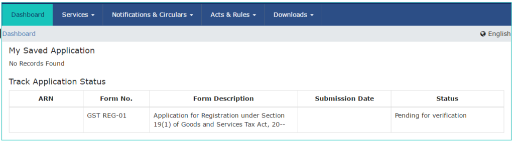 Track GST Application Status using TRN - Application Details