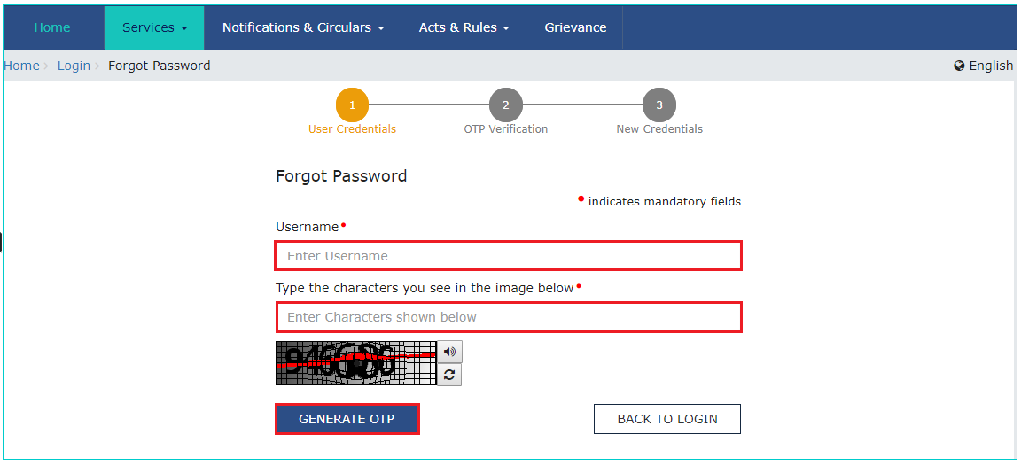 Forgot password section - user credentials