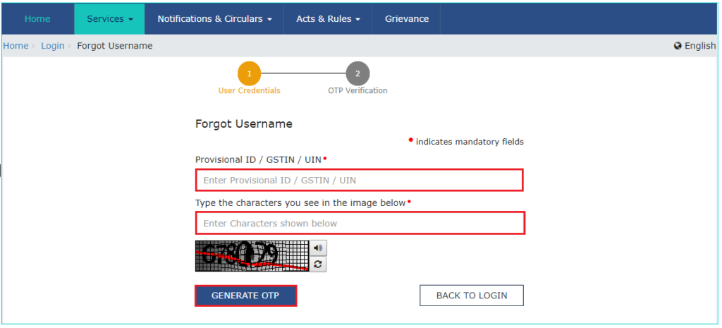 GST Login - User Credentials (Forgot Username)