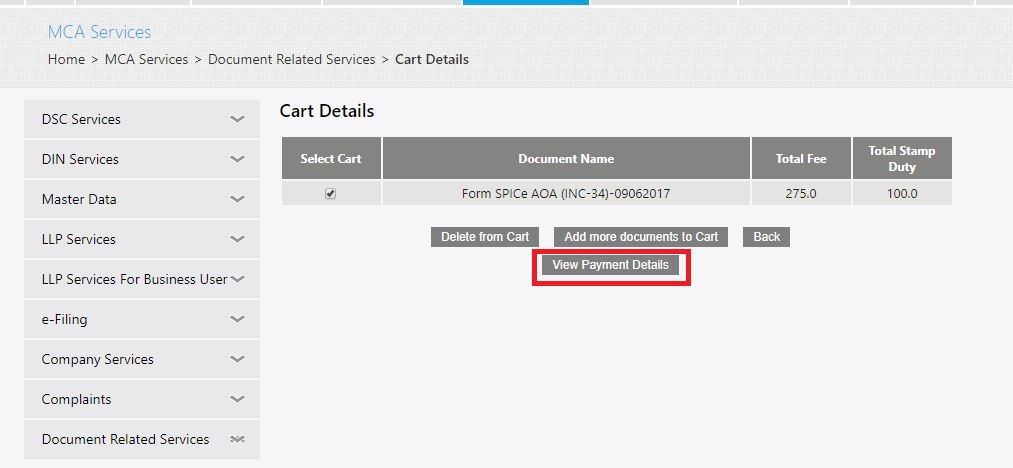MCA Portal Get Certified Copies - View Payment Details
