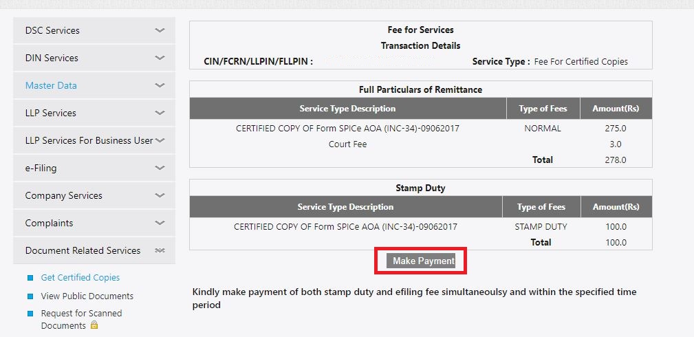 MCA Portal Get Certified Copies - Make Payment