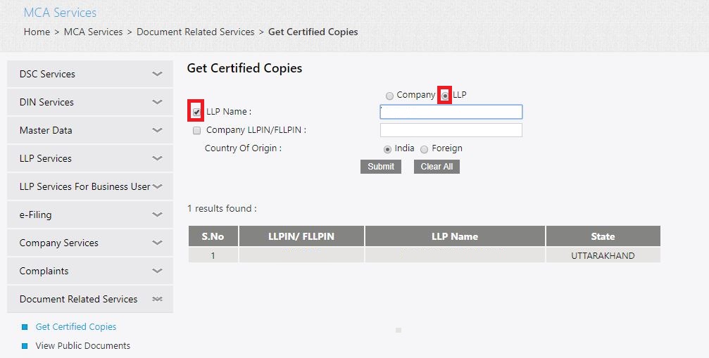 MCA Portal Get Certified Copies - LLP Name