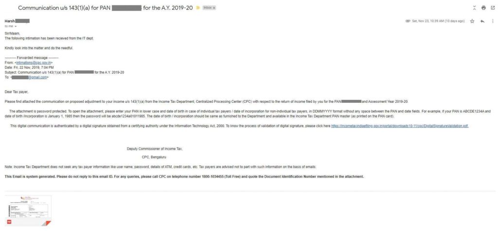 Intimation 143(1)(a) - Email Communication