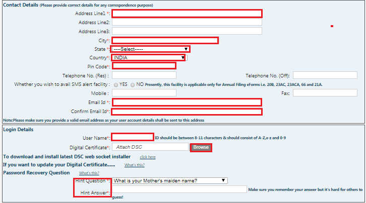 MCA Portal - Contact and Login Details