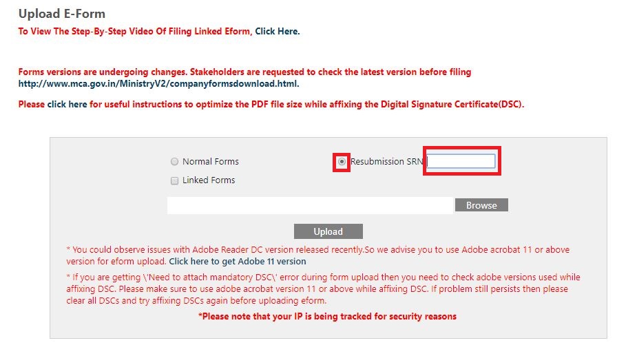 MCA Portal Re submission of eForm - Select Resubmission