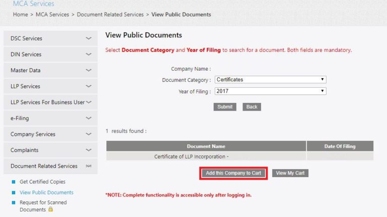 MCA Portal View Public Documents - Add documents to cart