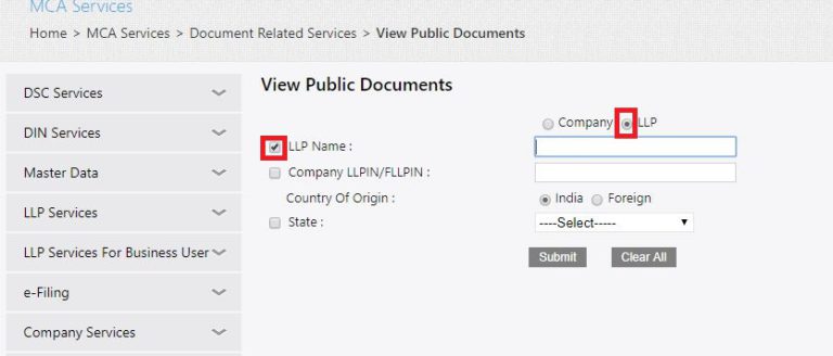 MCA Portal View Public Documents - Select Search Criteria LLP