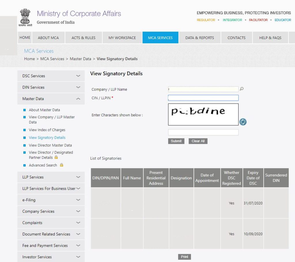 MCA Portal View Signatory Details - List of Signatory