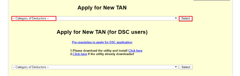 Application for TAN - Select Category of Deductors