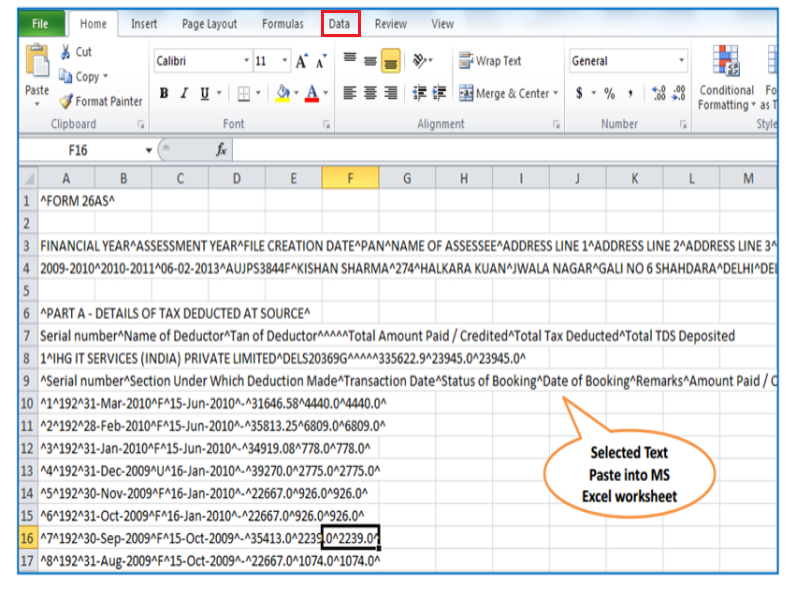 Copy Form 26AS Text file data to Excel Sheet
