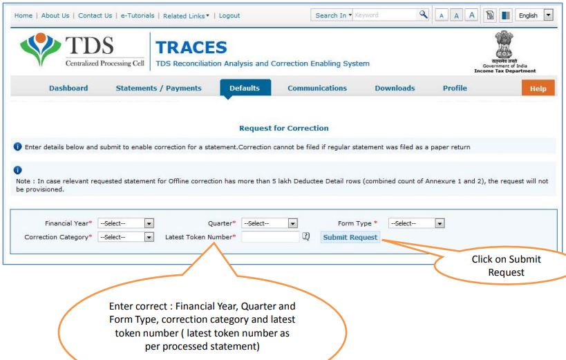 TRACES - Request for PAN Correction - Financial Year, Quarter, Form Type, Token Number