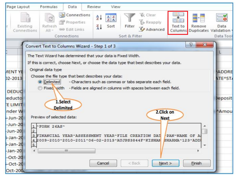 Convert Form 26AS data from Text to Columns in the Excel Sheet