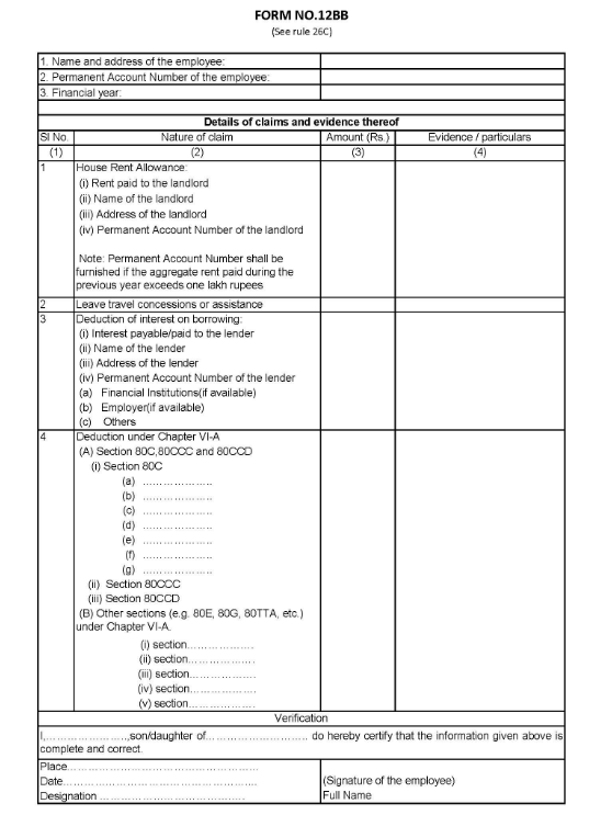 Sample Form 12BB Investment Declaration