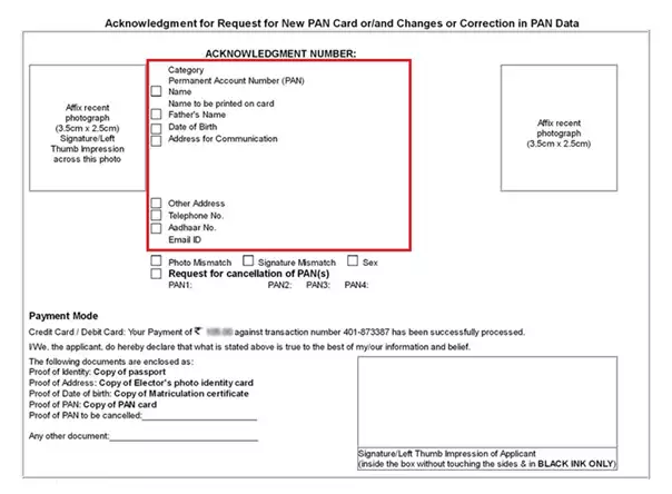 Change or Correction in PAN - Acknowledgment Form