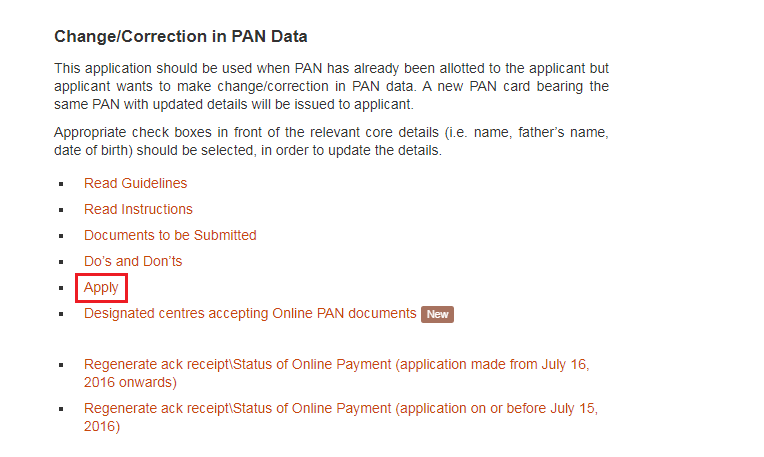 Change or Correction in PAN Data