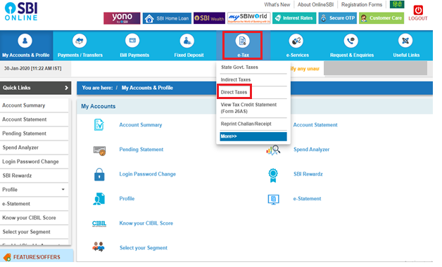 SBI Net Banking - Select Direct Taxes Option