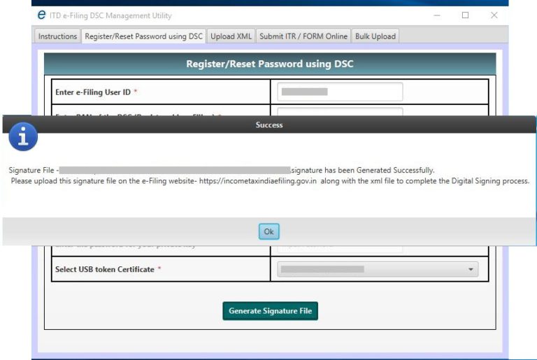 DSC Management Utility - Register DSC or Reset Password - Signature File