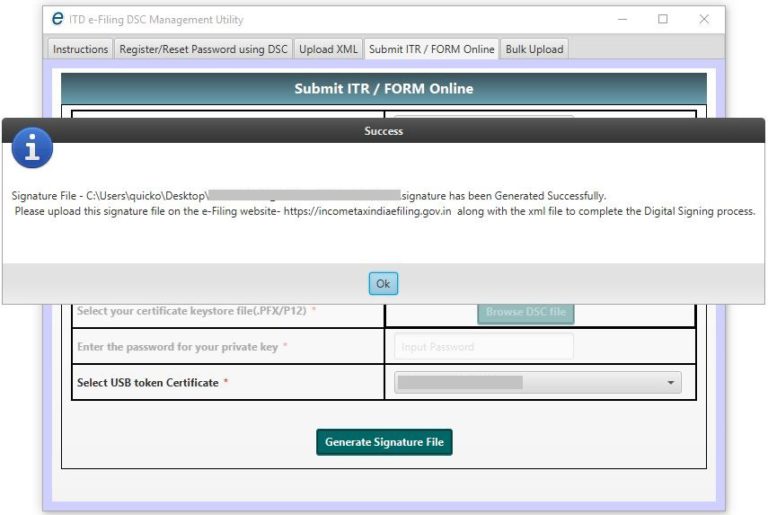 DSC Management Utility - Submit ITR or Form Online - Signature File