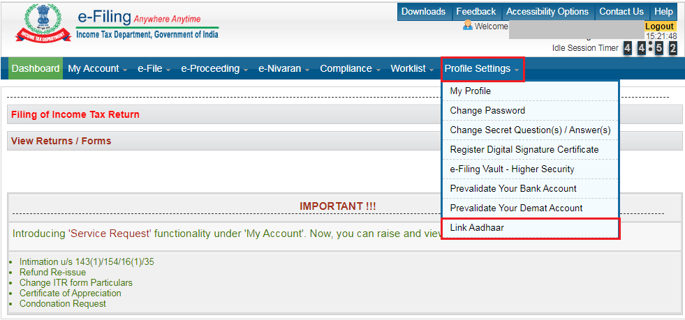 Income Tax e-Filing Portal - Dashboard-Link-Aadhaar