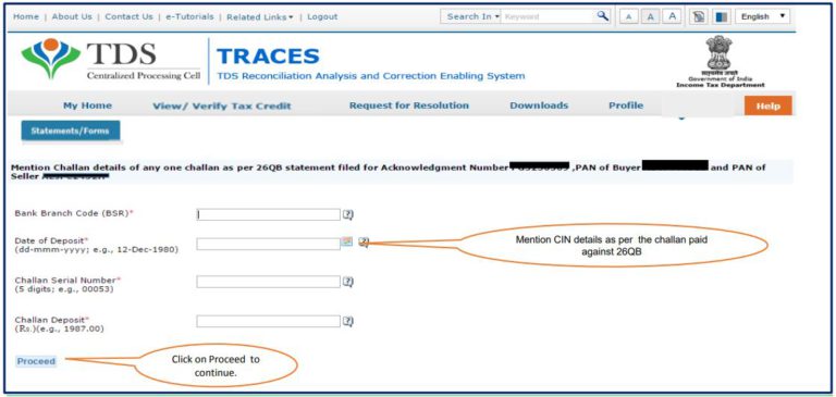TRACES - Form 26QB Correction - Enter Challan Details