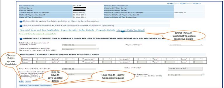 TRACES - Form 26QB Correction Request - Amount Paid or Credited Details
