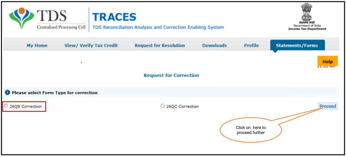 TRACES - Form 26QB Correction - Select Form Type