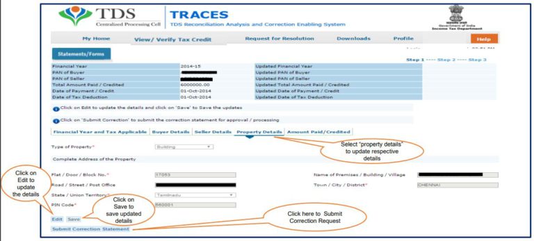 TRACES - Form 26QB Correction Request - Property Details