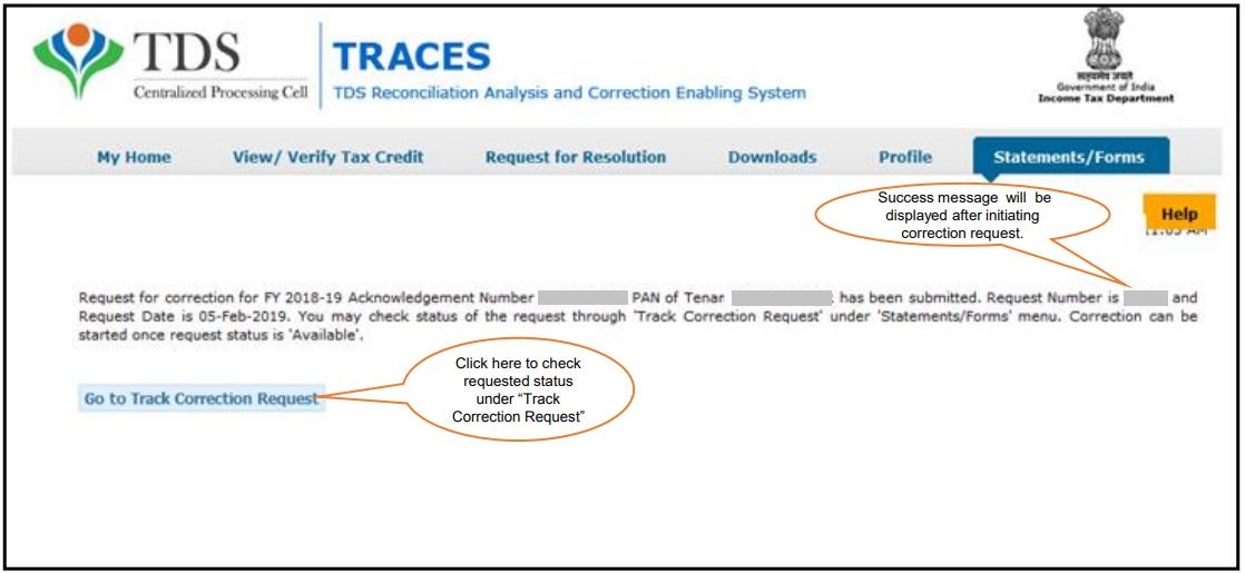 TRACES - Form 26QB / 26QC Correction Request - Request Number