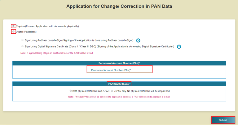 Change or Correction in PAN Application Page