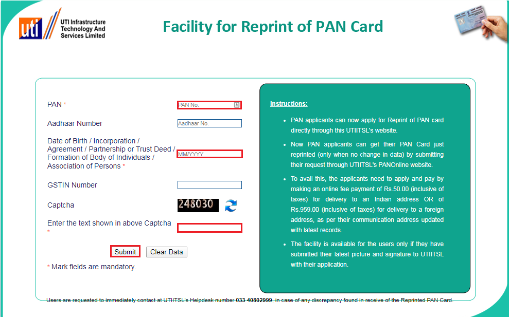 UTIITSL - Application for Reprint of PAN Card